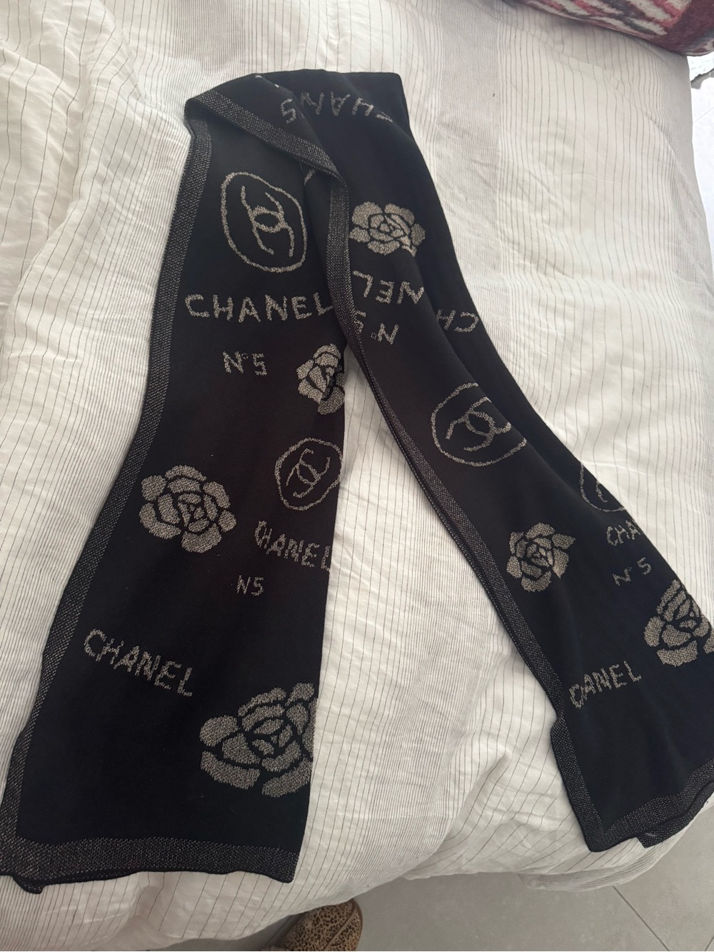 CHANEL Black and Silver Logo & Camellia Scarf MAKE OFFER